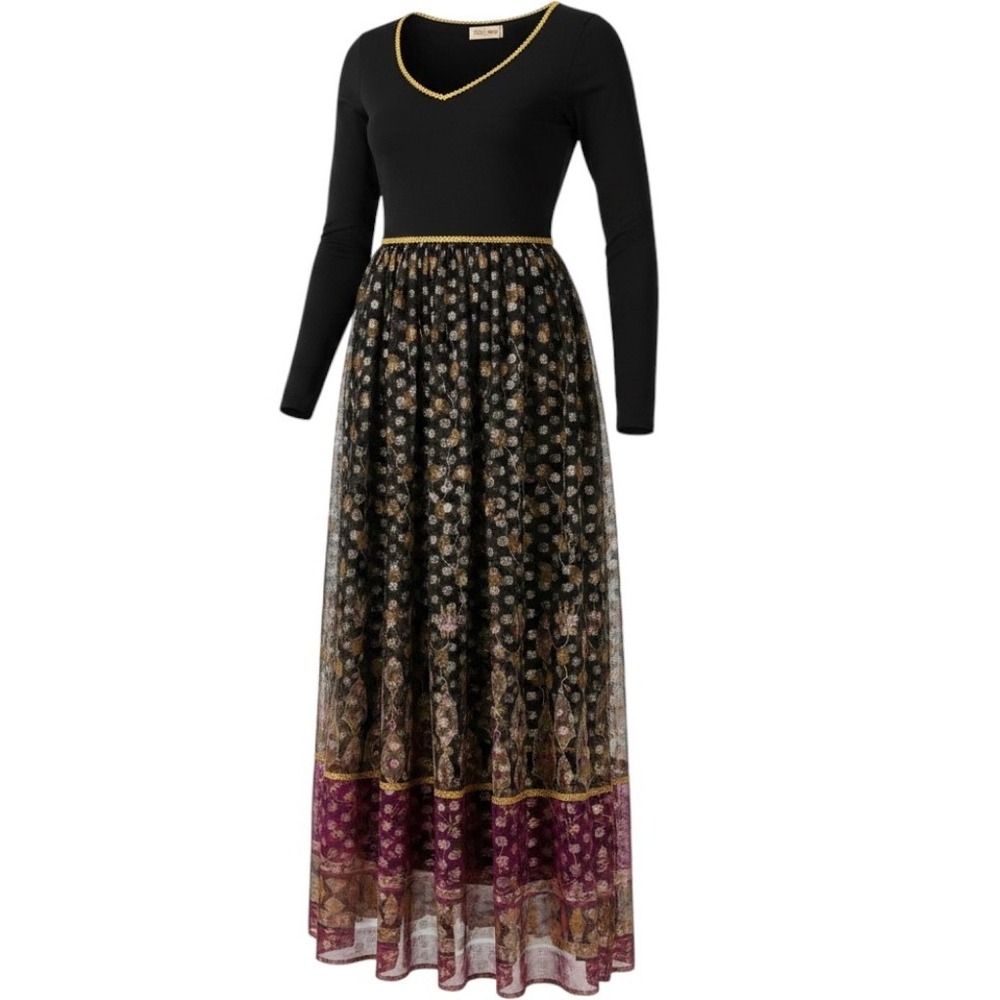 Vintage 70s House of Morgan Black Gold Metallic Floral Empire Waist Maxi Dress